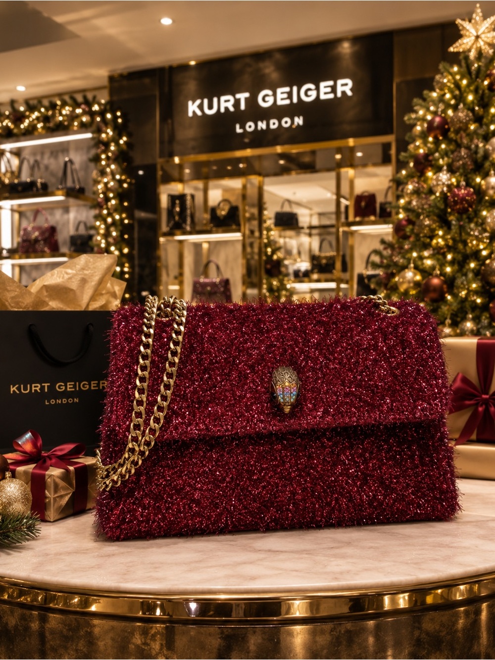 Kurt Geiger Sparkling Burgundy Chain-Handle Shoulder Bag. EUC